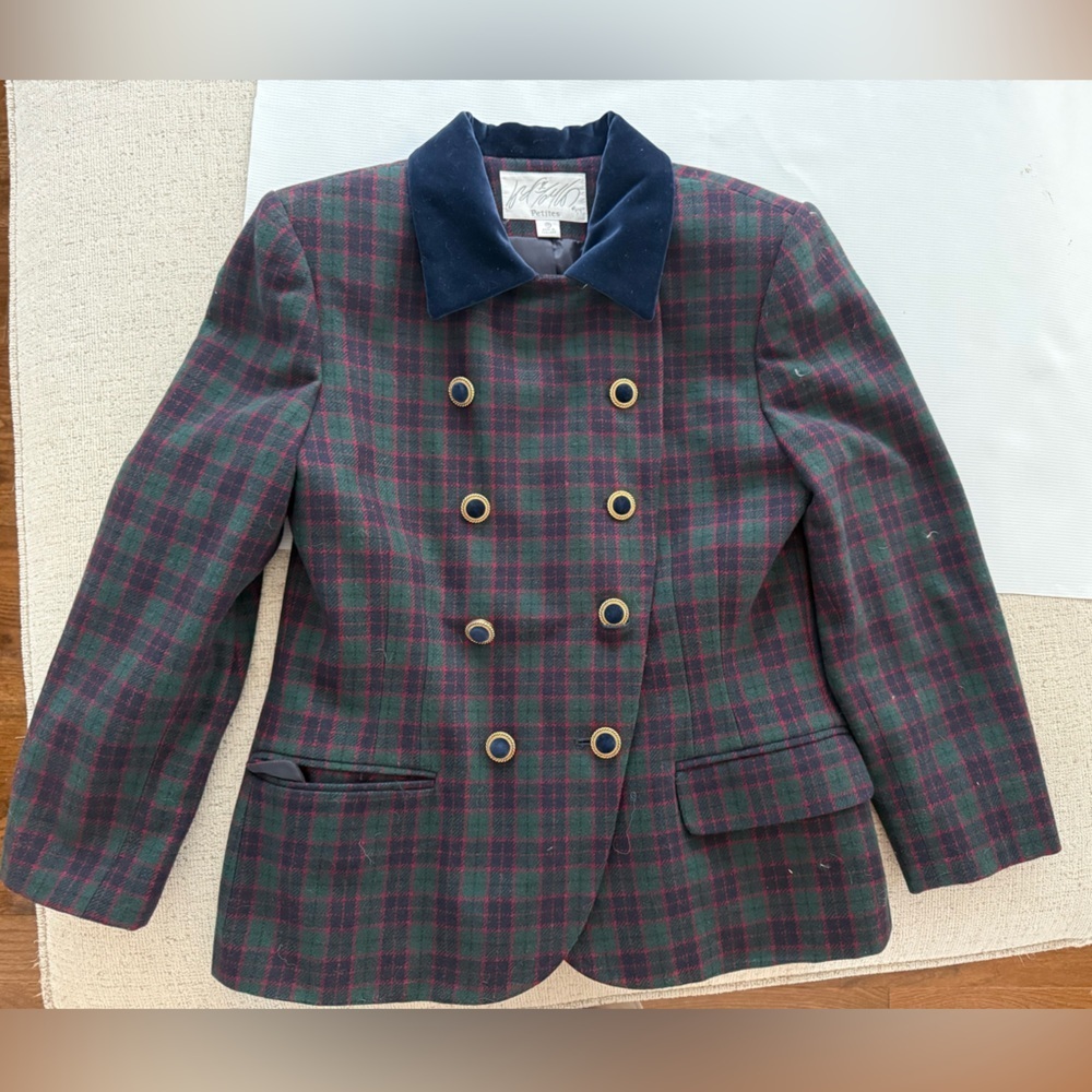 Vintage Lord & Taylor Plaid Double-Breasted Wool Blend Blazer w Shoulder Pads